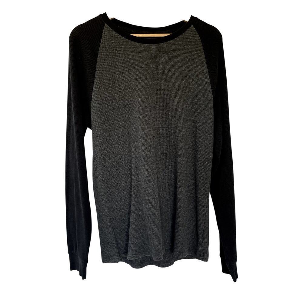 Old Navy Soft-Washed Waffle Sweater L Gray Black Mens Raglan Cotton Blend